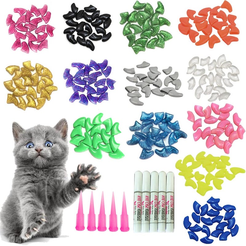 YMCCOOL 100pcs Cat Nail Caps/Tips Pet Cat kitten Paws Covers Control Paws of 10 Nails Caps and 5Pcs Adhesive Glue 5 Applicator with Instruction - Image 1
